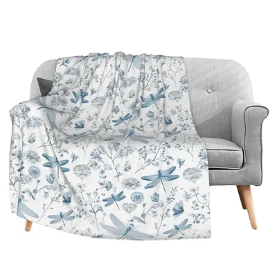 Blue Dragonfly Botanical Blanket: Serene Insect and Floral Print