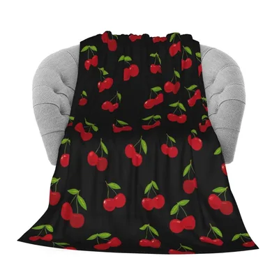 Cherry Pattern on Black Blanket: Bright Red Cherries on Dark Fabric