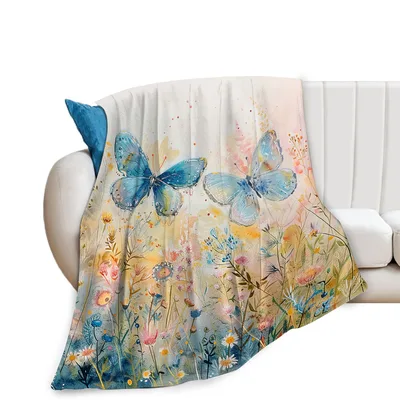 Butterfly Floral Botanical Blanket featuring blue butterflies