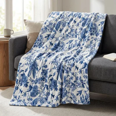 Blue Hand Drawn Flowers Blanket featuring classic blue floral sketches