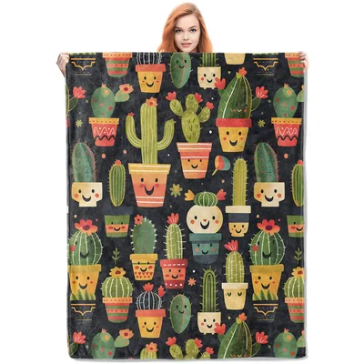 Cute Cactus Potted Plants Blanket: Smiling Desert Greenery Pattern