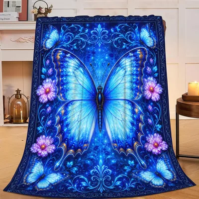 Blue Butterfly Flowers Blanket: Enchanted Blue Moth and Floral Design