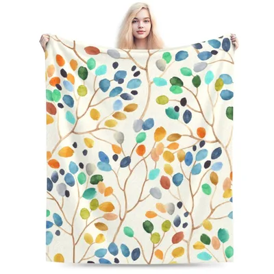 Colorful Leaves on Branches Blanket: Watercolor Floral Throw Design