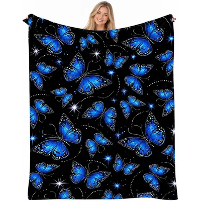 Blue Butterflies Pattern Blanket: Glowing Blue Moths on Black