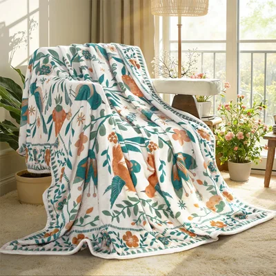 Boho Floral Pattern Blanket featuring whimsical teal birds