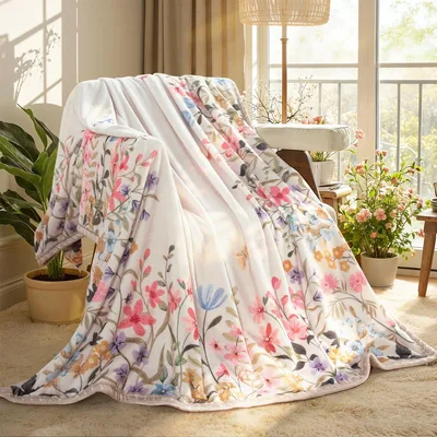 Pink Floral Boho Pattern Blanket featuring scattered wildflowers
