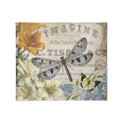 Vintage Dragonfly Floral Postcard Blanket: Vintage Insect Art Design