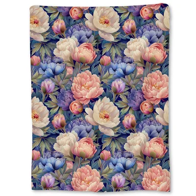 Peony Floral Pattern Blanket: Lush Pink and Blue Peonies on Navy