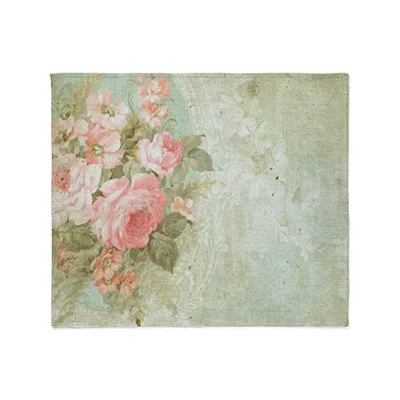 Vintage Pink Roses Blanket: Vintage Floral Art on Sage Background