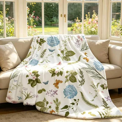 Sage Botanical Floral Blanket: Vintage Garden Illustration Throw