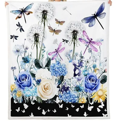 Dragonflies and Blue Flowers Blanket: A Nature-Inspired Floral Design
