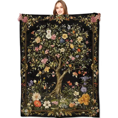 Tree of Life Botanical Blanket Lush Floral Design for Nature Lovers
