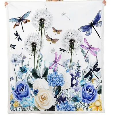Dragonflies and Dandelions Blanket featuring a watercolor garden