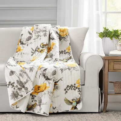 Yellow Gray Floral Pattern Blanket with Birds and Sketch Flowers