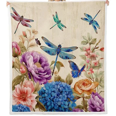 Dragonflies and Colorful Flowers Blanket: Vintage Garden Art Design
