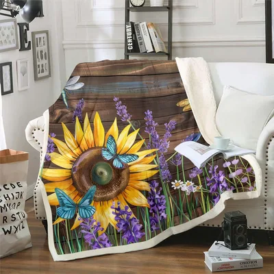 Sunflower Lavender Butterflies Blanket features a rustic