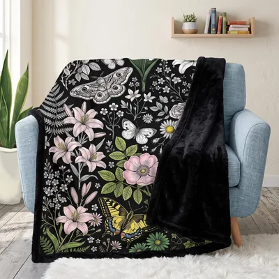 Dark Floral Moth Pattern Blanket: A Botanical Art Print