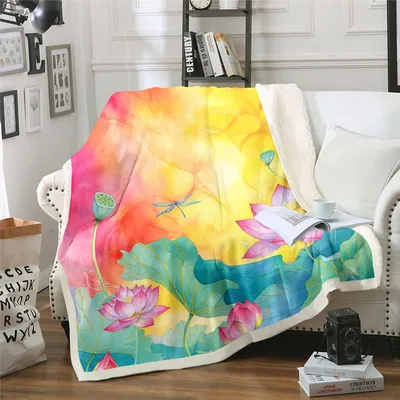 Watercolor Lotus Leaf Dragonfly Blanket