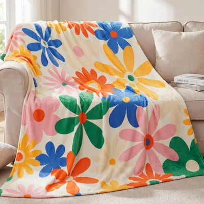 Colorful Retro Daisy Flowers Blanket featuring bold blue