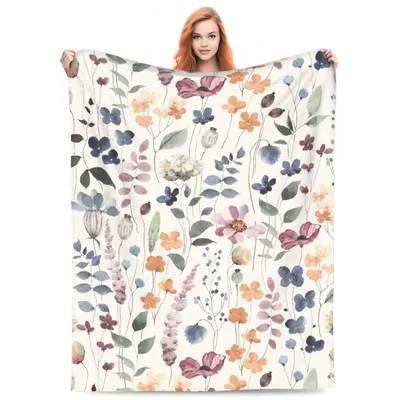 Watercolor Wildflowers Pattern Blanket features soft blue