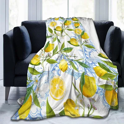 Lemon Floral Pattern Blanket Citrus and Blue Ornament Design