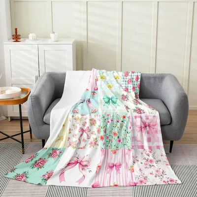 Vintage Bow Floral Patchwork Blanket: Soft Roses and Ribbons