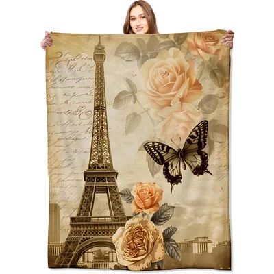 Vintage Paris Eiffel Tower Blanket: Roses and Butterfly Retro Design