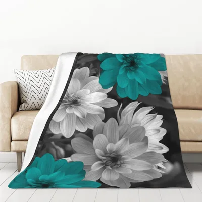 Teal Grey Floral Pattern Blanket: Bold Teal and Monochrome Dahlias