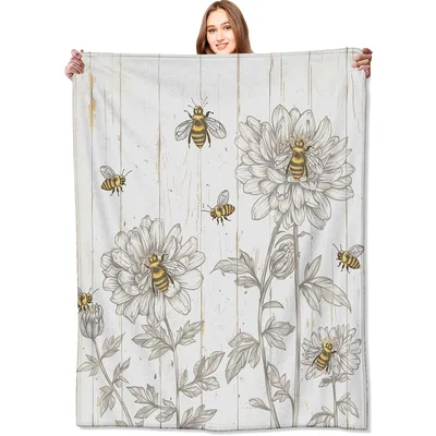 Bees and Daisies Garden Blanket: Rustic Floral Sketch with Honeybees