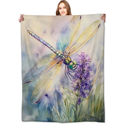 Watercolor Dragonfly and Lavender Blanket featuring a detailed insect