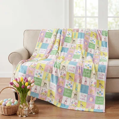Pastel Patchwork Plaid Blanket: Easter Bunny and Egg Quilt Design