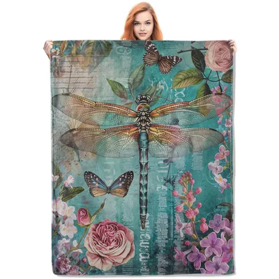 Vintage Dragonfly Botanical Print Blanket: A Nature-Inspired Throw