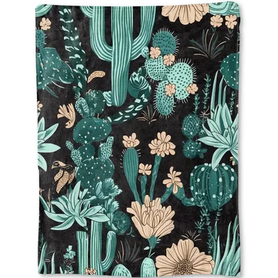 Desert Cactus Flowers Pattern Blanket features bold green