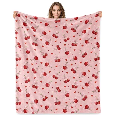 Pink Cherry Pattern Blanket: Sweet Fruit and Heart Print