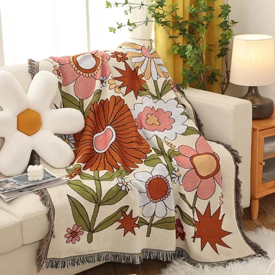 Bohemian Sunflower and Floral Blanket for Retro Home Decor