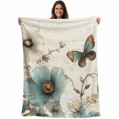 Turquoise Flower and Butterfly Blanket: Vintage Floral Art with Script