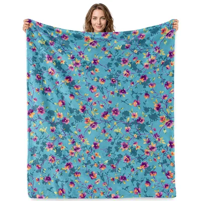 Teal Small Floral Pattern Blanket: Watercolor Vines and Purple Blooms