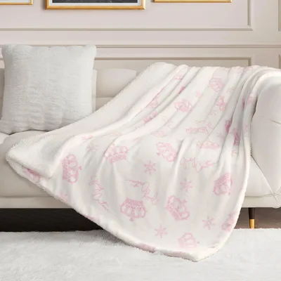 White Snowflake Script Pattern Blanket featuring pink crowns