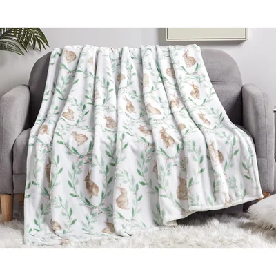 Light Floral Leaf Pattern Blanket with Watercolor Bunny Vines