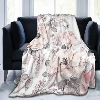 Pink Flower Grey Leaves Blanket featuring soft watercolor blooms