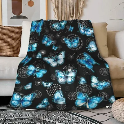 Blue Butterfly Pattern Blanket No. 2: Glowing Blue Moths on Black