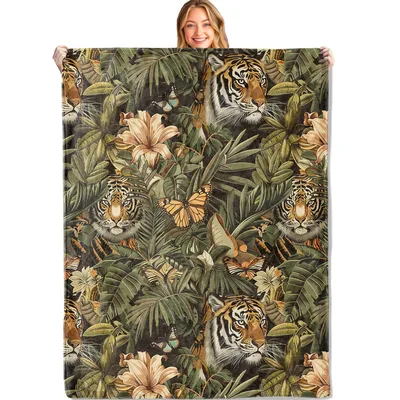 Jungle Tiger Tropical Pattern Blanket: Wild Feline and Floral Design