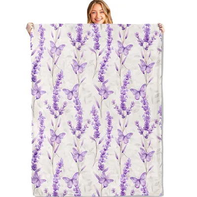 Lavender Floral and Butterfly Blanket featuring purple floral stalks