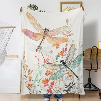 Watercolor Dragonfly and Flowers Blanket: Nature-Inspired Throw Design