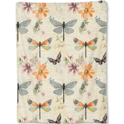 Vintage Dragonfly and Butterfly Blanket: Retro Botanical Floral Throw