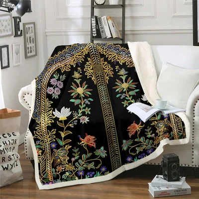 Gold Boho Floral Pattern Blanket featuring exotic baroque flowers