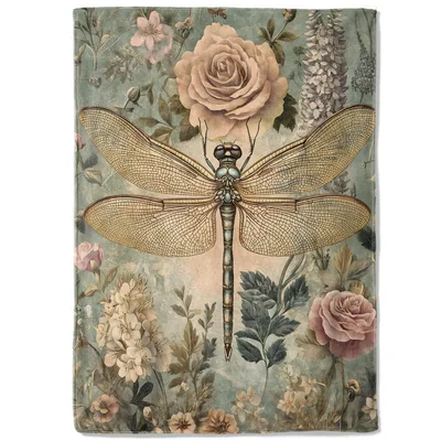 Retro Dragonfly and Rose Blanket: Vintage Insect and Floral Throw