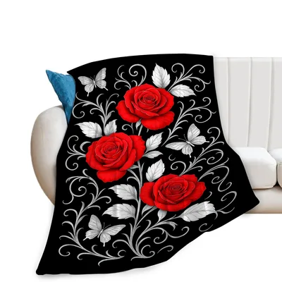 Red Roses Black Floral Blanket featuring bold red blooms