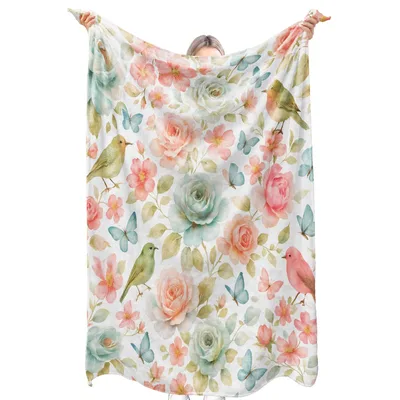 Watercolor Floral Birds Pattern Blanket featuring soft pastel roses