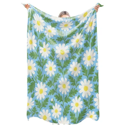 Daisy Flower Pattern Blanket: White Daisies on Blue Background